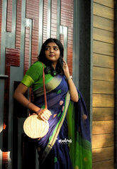 kannamma Handwoven Ballbutta linen Blue with green pallu